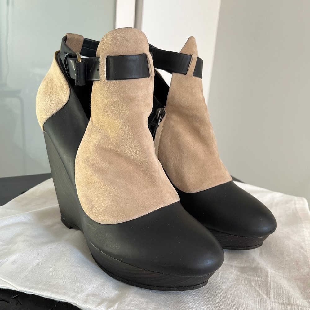 Balenciaga 40.5 platform booties in black and beige, with ankle straps